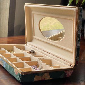 Floral Green Jewelry Clutch with Mirror- Vintage Jewelry Box, Hard Case Clutch